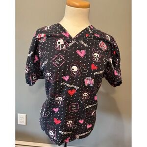 RARE Y2K Skelanimals Scrub Top Medical‎ Uniform Shirt Black Pink Goth Punk